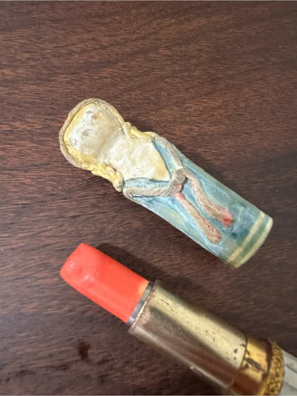 Vintage 1960s Mexican Paper Mache Doll Lipstick Holder Case LF Mid Century Folk